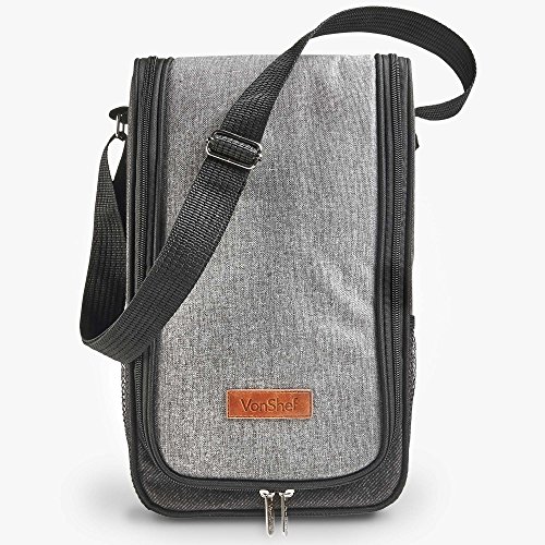 image for VonShef 2 Person Woven Grey Wine Carrier Bag Tote – Cooler Compartme