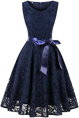 ANCHOVY Vintage Lace Dresses for Women Sleeveless Short Wedding Bridesmaid Party Dress C75 (Navy Blue, XL)