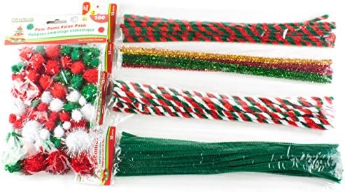 Christmas Craft Chenille Stems and Pom Poms Bundle of 166 pieces Classic Red Green White