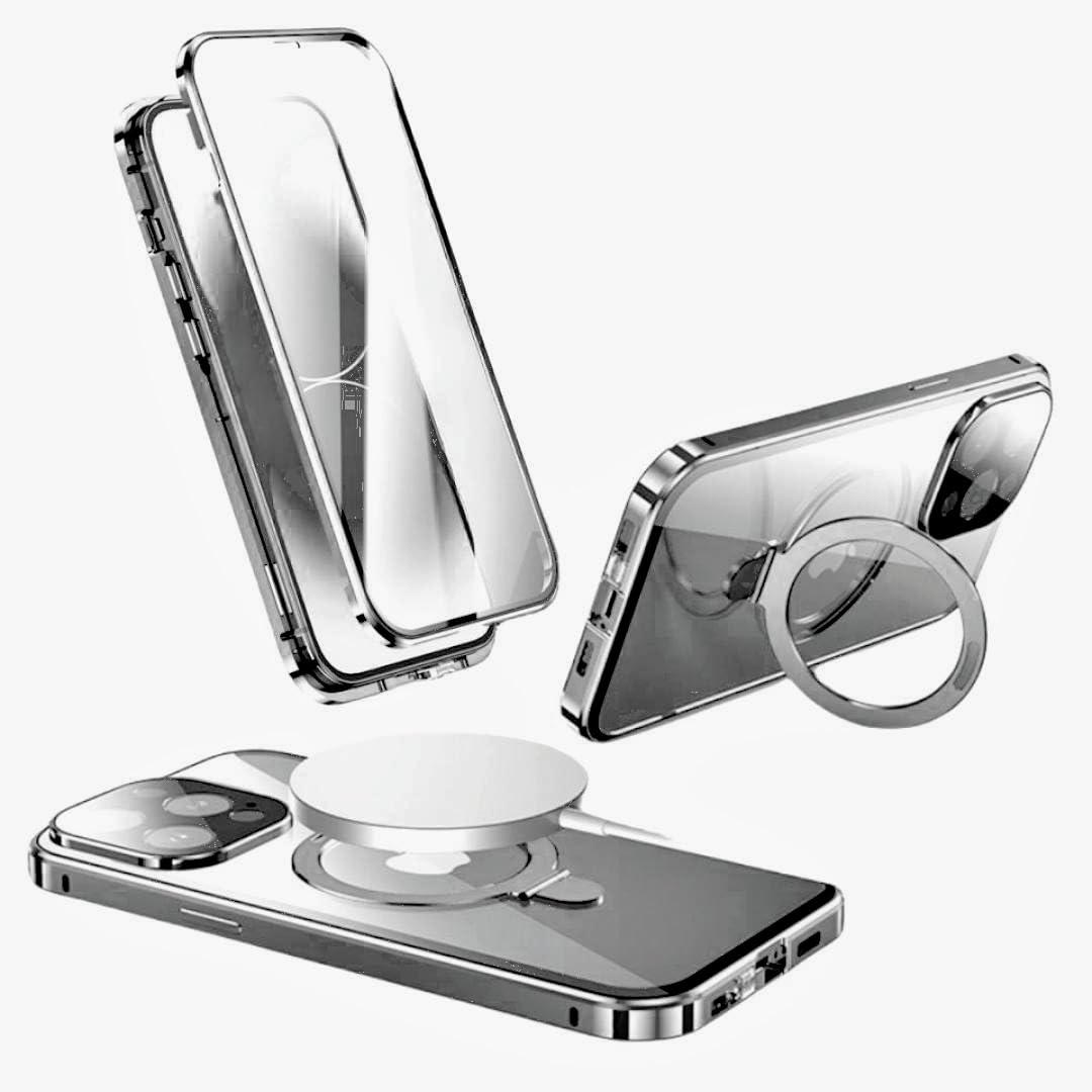 Photo 1 of AnMengXinLing Magnetic Tempered Glass Double-Sided Phone Case for iPhone 15 pro max, Compatible with MagSafe Stand,with Built in Screenprotector,Full Body Protection Metal Frame Cover (Clear-Gray)