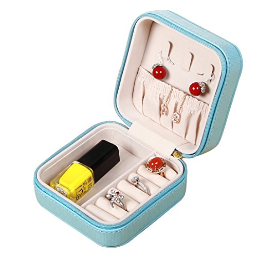 PUSU Small Portable PU Leather Jewelry Box Display Organizer Travel Storage Case for Rings Earrings Necklace (Blue)