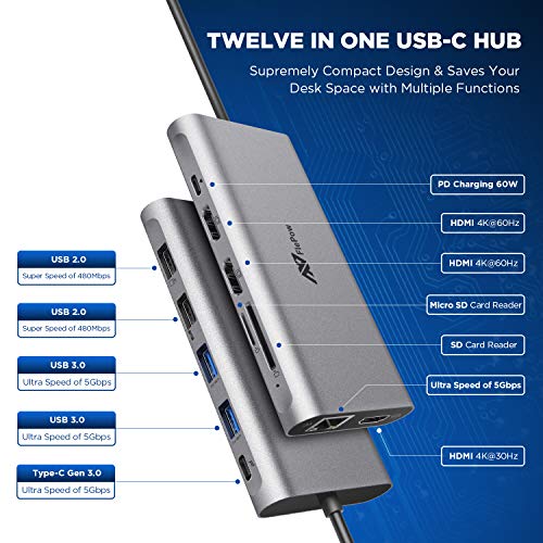 USB C Hub Laptop Docking Station - 12 in 1 Dongle with Triple 4K HDMI, PD Charging, Gigabit Ethernet, USB 3.0 Type C Port, 4USB Ports, SD/TF Card Reader Compatible for Macbook Pro More USB-C devices - Thumbnail 2