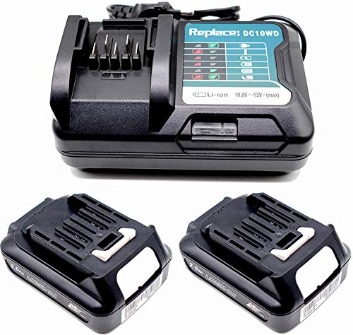 Photo 1 of 2X BL1021B Battery 12V 2Ah with Charger DC10WD, Replace for 12V Makita Battery BL1021B BL1016 BL1041B 197339-1 197406-2 BL1040 BL1040B BL1015B BL1040 / MP100DZ CG100D JR103DZ DF333DZ TD110D HR140DZ