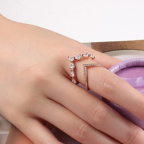 KAVANI V Shaped Open Circle Irregular White Gold Plated Finger Ring for Women with Cubic Zircon Stones Wedding Ring Band Set - Thumbnail 4