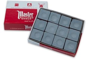 Master Billiard Pool Chalk, Pack of 12 Cubes, Grey, with Protective Box - Professional Billiards Chalk for Smooth, Even Coating on Cue Tip - Pool Table Accessories Gifts for Men (18-336)