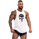 Mens Skull Print Stringer Bodybuilding Gym Tank Tops Workout Fitness Vest (Medium, White)