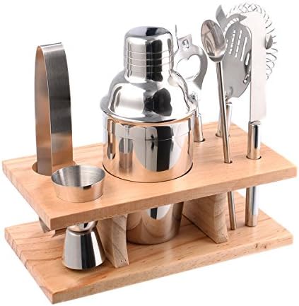 DPThouse 7 Piece Cocktail Shaker Barware Set Bar Set Stainless Steel w/ Wood Stand