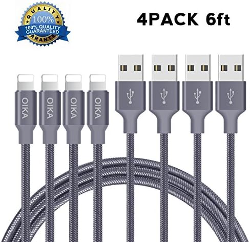 Lightning cable OIKA 4 Pack 6 FT Lightning Connector to Data Syncing Cord Compatible with and Fast Charging Cable for iPhone 8/X/5C/5S/6S/6S PLUS/7/7 / plus, iPad Air, and more (Grey)