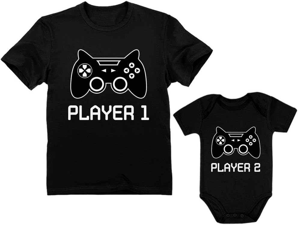 Gamer Shirts for Father & Son Daughter Player 1 Player 2 Men Tee Baby Bodysuit