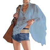 Women Sheer Poncho Top Y2k Lace Mesh Batwing Long Sleeve Bolero Shrug Beach Cover Up Sexy Going Out Blouse Shawl