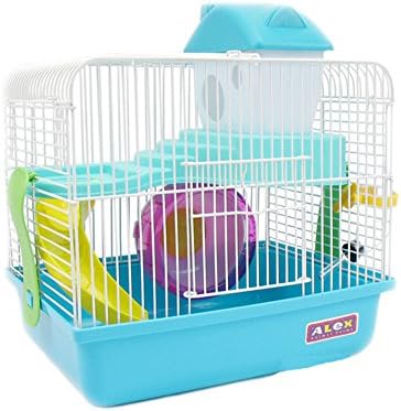 MINIES 2 Storey Levels Floor Small Pet Habitat Dwarf House Water Bottle Wheel Cage Portable Hamster Gerbil Mouse 11.418.2611.81 inch Blue