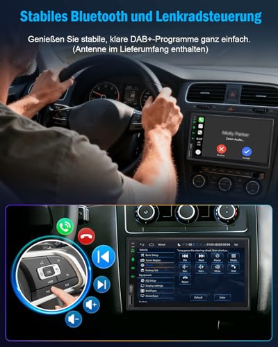 Double DIN Radio Apple Carplay 7 Inch 2Din Android Car Radio with HD IPS Screen, Double DIN Car Play Car Radio Touch Display with Navi, Bluetooth, AM/FM SWC