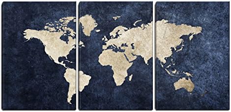 HD Printed 3 Panels Oil Painting World Map Canvas Print Room Decor Print Picture for Living Room Decor Framed(16x24inchx3) (Dusty Blue)