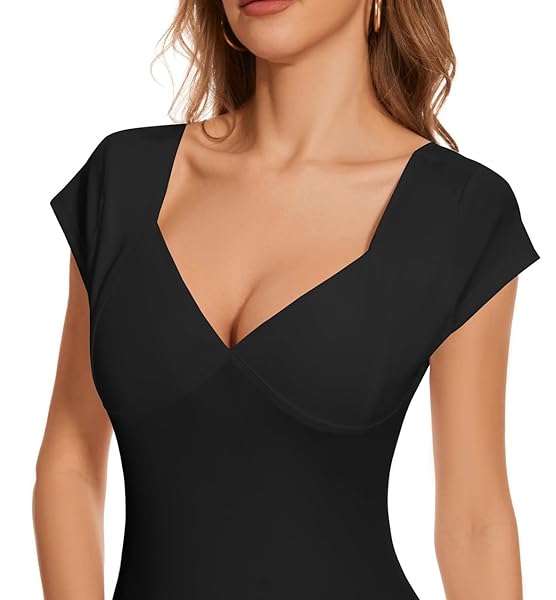 BONOTIE WOMEN’S DEEP V-NECK BACKLESS TOPS SHORT SLEEVE T-SHIRTS SLIM FIT BASIC CAUSAL SUMMER GOING OUT TOPS 2024 BLACK
