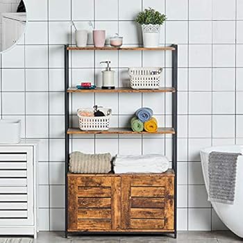 KICODE Bathroom Storage Cabinet, Industrial Storage Rack with 4 Tiers Shelves and Storage Cabinet, Wood Looks Accent Furniture, Floor Storage Organizer for Bathroom, Living Room, Office, Rustic Brown