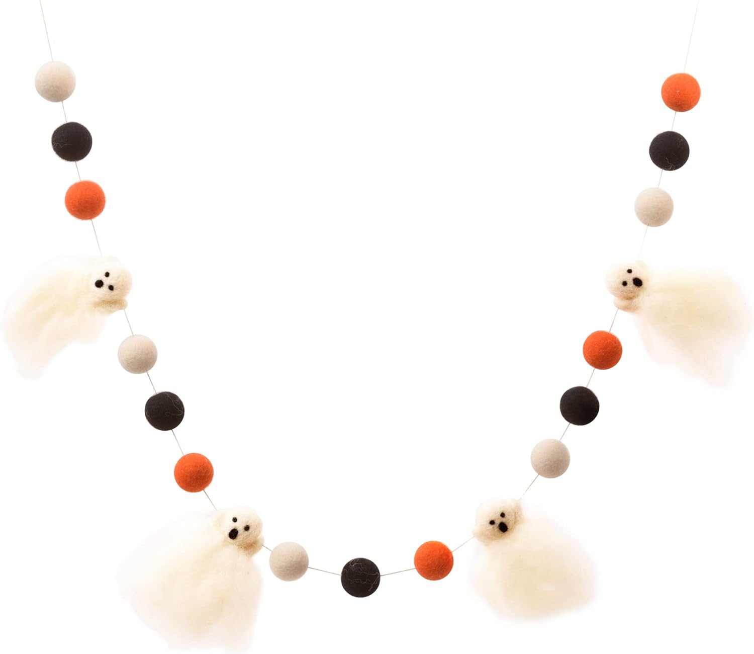 Wreaths, Garlands & Swags - Glaciart One Felt Balls + Ghosts Garland - Easy to Hang Halloween Party Banner Decoration - 100% New Zealand Wool, Hand-Felted in Nepal - 5' Long, 15 Orange, White & Black Pom Poms, 4 Ghost Ornaments