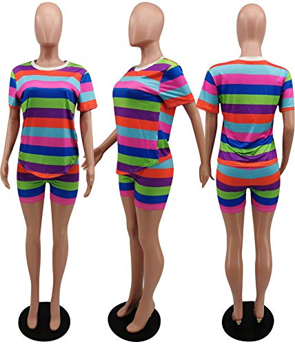 Women's 2 Piece Outfit Rainbow Striped Short Sleeve Jumpsuit Crop Top T-Shirts and Shorts Set Rompers Plus Size Rose XXXL