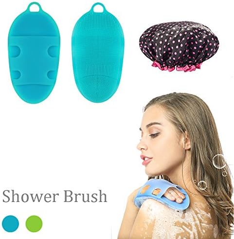 Silicone Body Brush, iado Bath Shower Brush Skin SPA Massage Scrubber Shower Glove Soft Body Brush with A Shower Cap (Blue)