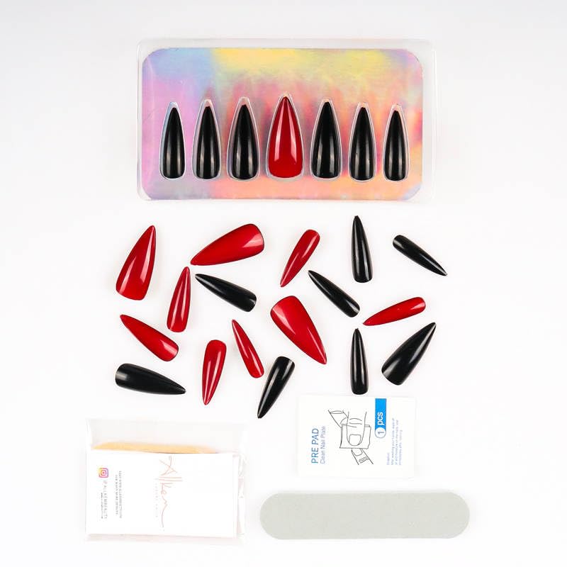 Allkem Press On Nails - Black Red Bottoms Glossy Extra Long Sculpted Stiletto 2 Set Bundle | 10 sizes - 20 pcs Nail kit with Glue - Image 3