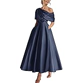 Xuzey Tea Length Satin Mother of The Bride Dresses for Women One Shoulder Formal Evening Gown with Pocket Wedding Guest