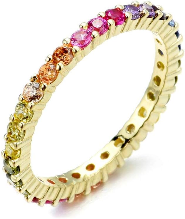 Women's 2mm Sterling Silver Gold Plated CZ Round Rainbow Pride Collection Eternity Ring