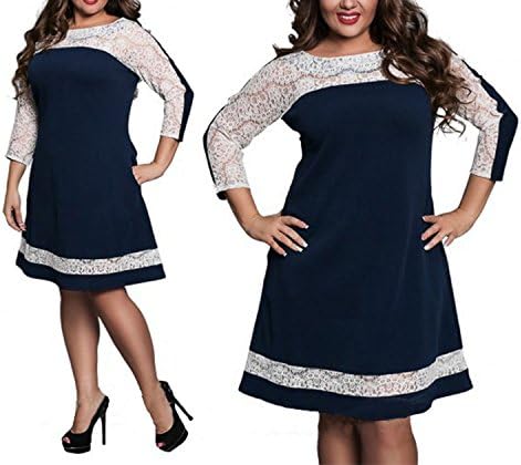 Jongood Fashion Hot Sale XL Lady Lace Panel Dress,Dark Blue,4XL