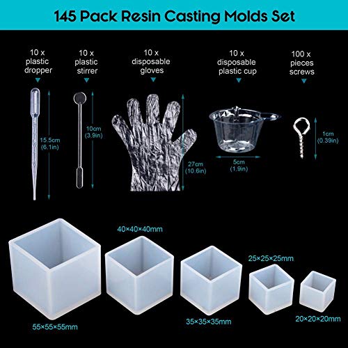 Resin Casting Molds, 145 Pcs Jewelry Casting Making Molds Set Kit,Silicone Cube Shape Paperweight Pendant,Screw Eye Pins, Disposable Plastic Cups,Stirrers,Droppers,Disposable Gloves for Polymer Clay
