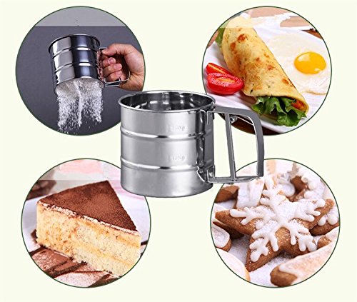 MENGCORE Baking Stainless Steel Shaker Sieve Cup Mesh Crank Flour Sifter with Measuring Scale Mark for Flour Icing Sugar - Thumbnail 3