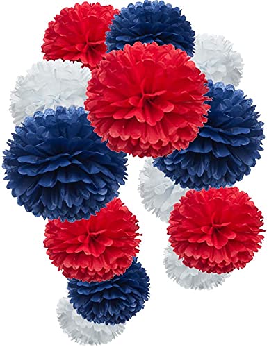 Happium 6 PCS Tissue Paper Pom Poms, Paper Flower Ball for Birthday Party Union Jack, Jubilee, UK Flag King Coronation Bank Holiday Festival Decorations - Blue, Red and White
