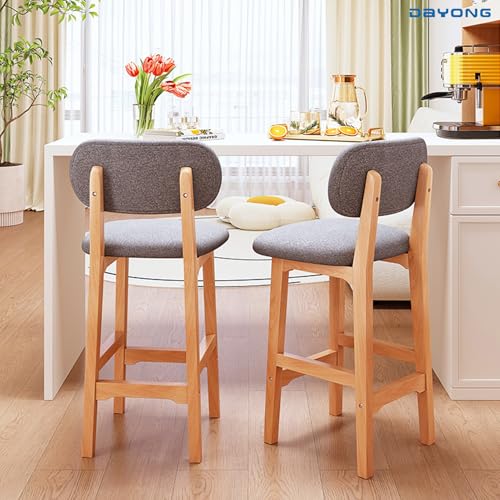 DAYONG Wooden Bar Chairs Set of 2, Bar Stools with Back Upholstered,Modern and Simple High Bar Stools, Chairs For Home Kitchen Restaurant Counter (Light Khaki, 65CM - 2Pcs)