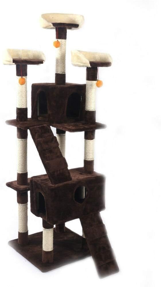 Chic Lovery 4289 Brown Cat Tree Tower 67" Sisal Rope Plush Chipboard Kitty Climb Scratching Toy Perch Holder Pet Balls Beloved Kitten Entertainment Post Condo House Play Jump Sleep Bed Cabin Furniture