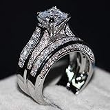 2-in-1 Womens Vintage White Diamond Silver Engagement Wedding Band Ring Set Valentine's Festival Gifts for Boyfriend Girlfriend (US Size)