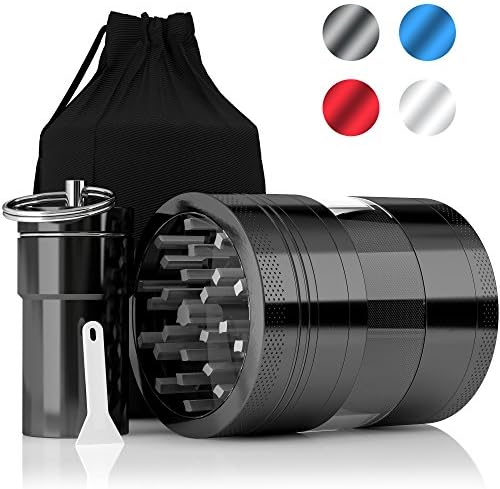 Large 4pc Herb Grinder for Weed with Keef Catcher, Super Smooth Grind Aluminum Tobacco Grinders With Smell proof Stash Jar &amp; Carrying Bag -3.25" Black- By Poxee