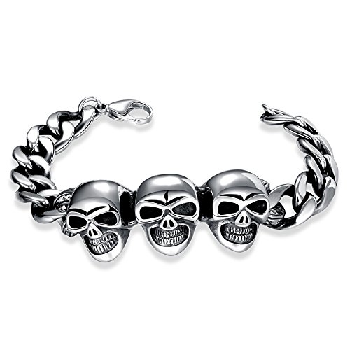 IVYRISE Stylish Mens Fashion Jewelry Three Skulls Braceletfor Men, 8 INCH Chain Stainless Steel