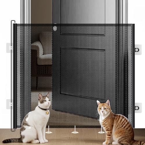 78CM Extra Tall Pet Gate,130CM Wide Retractable Cat Gate with Support Rods and Floor Hook,Easy to Use Pet Fence for The House Stairs Doorways Hallways Indoor Outdoor, No-Drill Installation(A)