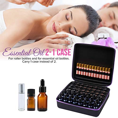 Travel Essential Oil Carrying Case/Roller Bottle Organizer - Storage for 56-69 Bottles - Holds 15-30ml 1oz & 10ml Roll on Bottles - (Carry Handle On Top) Free Roller Bottle Opener & 192 Labels