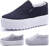PPXID Women's High Platform Slip On Loafers Casual Canvas Student Shoes