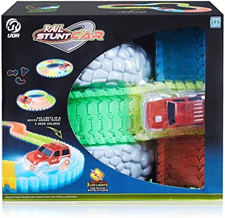 UOR Race Tracks Toy Car Flexible Tracks Set, 160 PCS Colored Racing Tracks Glowing with Tunnel and 1 Red toy Racing Car (Race Tracks Set)