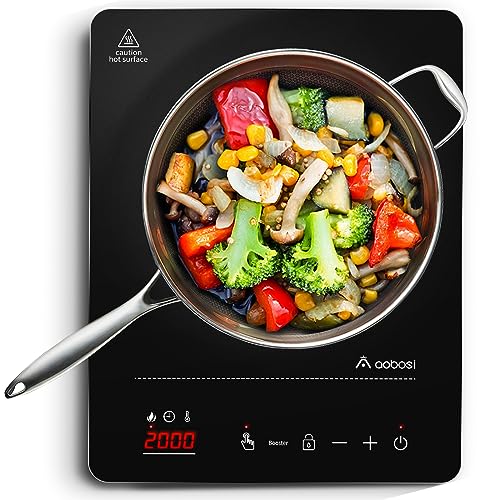 Aobosi Induktionskochplatte,Induktionskochfeld 1 Platte, 20 Leistungsstufen und 20 Temperaturstufen,2000W Tragbares Induktionskochfeld,LED Display,10H