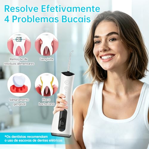 Irrigador Oral Portátil Sem Fio 300ml com 5 Bico Higiene Limpeza | Recarregável Type-C, Pressão Ajustável, Impermeável IPX7, Carregamento Rápido, Longa Duração Bateria, Uso Doméstico Viaje