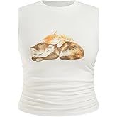 CIDER Plus Size Tops for Women Sleeveless Ruched Crew Neck Crop Tank Top Summer Casual Outfits