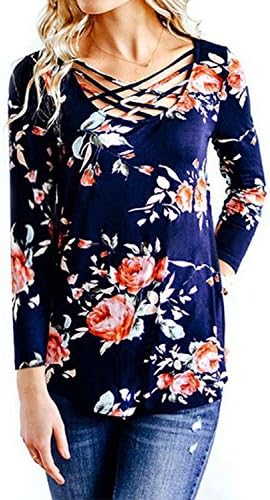 EIFFTER Women Floral Print T Shirt Casual Long Sleeve Crisscross Front V Neck Blouse Tops (Medium, Blue)