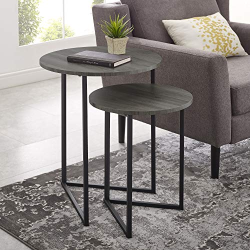 Walker Edison AZFVICNSTSG Modern Round Metal Base Nesting Set Side Accent Living Room Storage Small End Table, Set of 2, Slate Grey