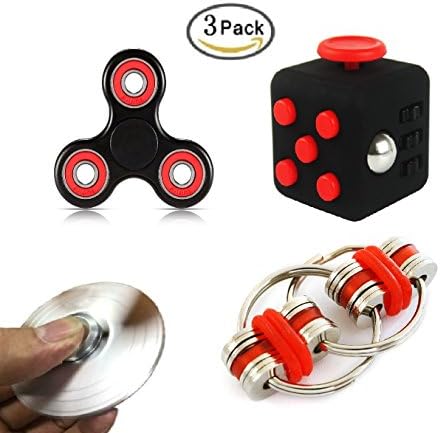 3 Pack Fidget Toys,Hybrid ceramic bearing Fidget tri-Spinner,Fidget Cube,Bike Fidget Chain for ADD ADHD Stress And Anxiety Relief (Red)