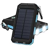 Solar Chargers, GRDE Portable 10000mAh Dual USB Output IP67 Water-Resistant Solar powered Phone Charger with 2 Flashlights Carabiner & Compass for iPhone iPad iPod Cell Phones Tablet Camera (Blue)