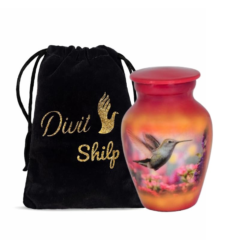 Divit Shilp Small Keepsake Cremation Urn with Velvet Case | Choose from Unique Colors | Lovely Sharing Mini Metal Token for Human Ashes or Pet. (Keepsake, Hummingbird Red) โ image 1
