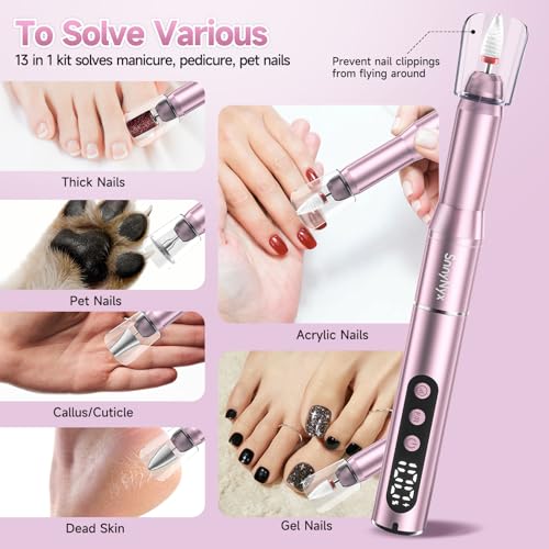 SnnyNyx Cordless Electric Nail Drill 35000 RPM, Professional Nail File Kit with LCD Display, 12 Bits & 36 Sanding Bands, Rechargeable Manicure Pedicure Kit for Acrylic Gel Nails, Salon & Home Use(Rose Gold)