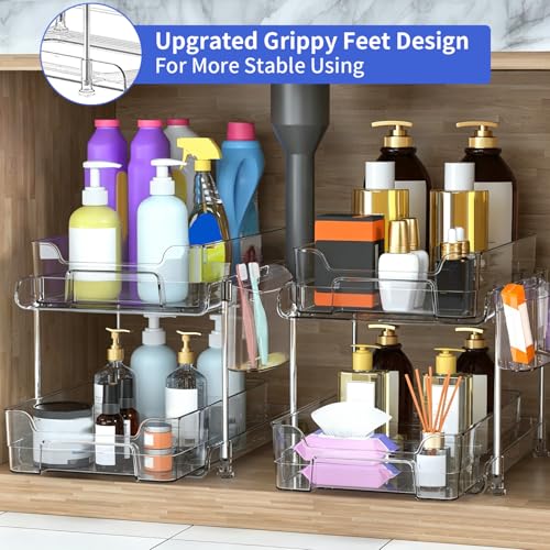 Yoawllty Under Sink Organizer, 2-Tier Bathroom Cabinet Organizer, Clear Organizers storage with Dividers and Cups, Multi-Purpose Slide-Out Storage Container for Cabinet, Fridge, Kitchen, Makeup
