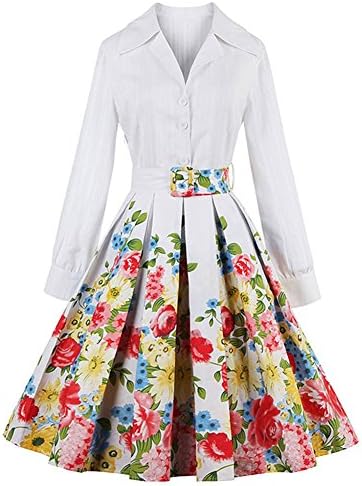 Ladyjiao Women's Floral Vintage Women Dresses Half Sleeve 1950s Rockabilly Party Tea Dress White XL