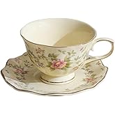 PICORLANE 8 oz Vintage flower Ceramic cup and 6" saucer set with Brand customized stainless steel spoon Gifts for Afternoon Tea Coffee Hour (D)